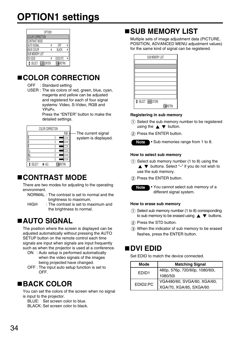 Option1 settings, Color correction, Contrast mode | Auto signal, Back color, Dvi edid | Panasonic DLP PT-D3500U User Manual | Page 34 / 72