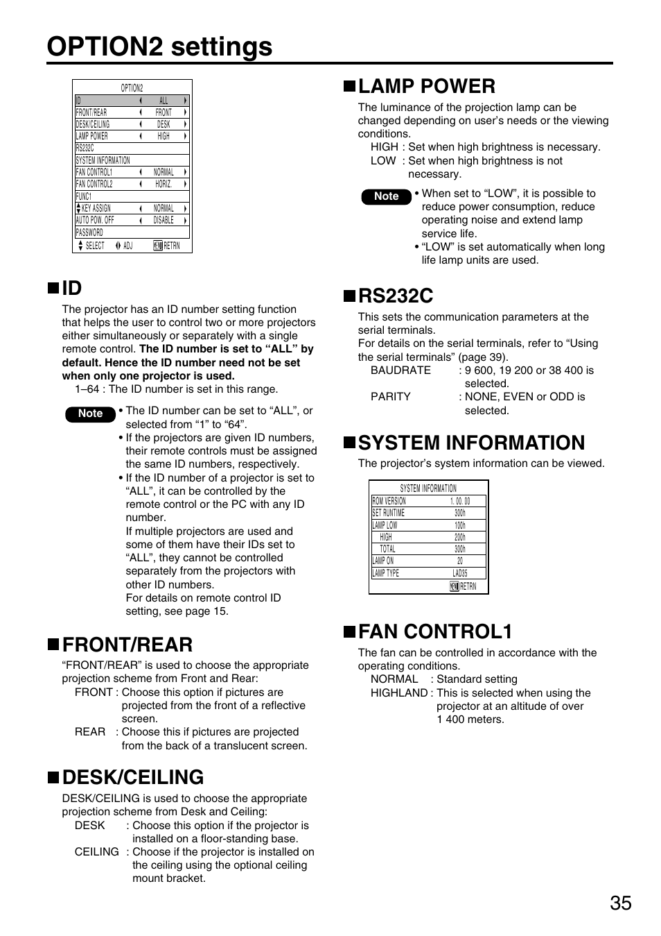 Option2 settings, Front/rear, Desk/ceiling | Lamp power, Rs232c, System information, Fan control1 | Panasonic DLP PT-D3500U User Manual | Page 35 / 72