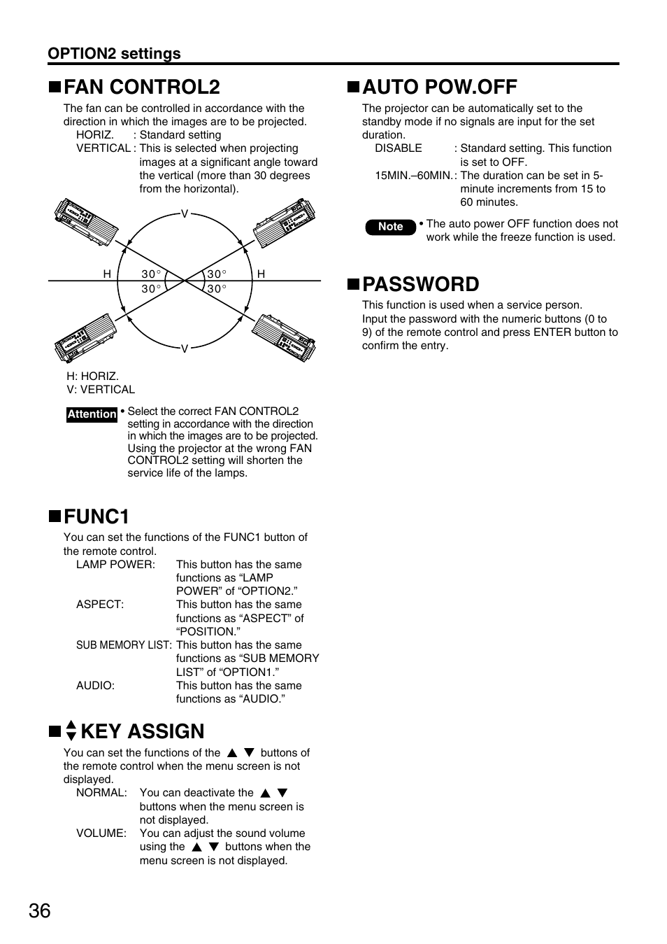 Fan control2, Func1, Key assign | Auto pow.off, Password, Option2 settings | Panasonic DLP PT-D3500U User Manual | Page 36 / 72