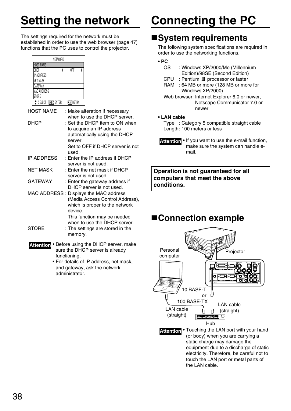 Setting the network, Connecting the pc, System requirements | Connection example | Panasonic DLP PT-D3500U User Manual | Page 38 / 72
