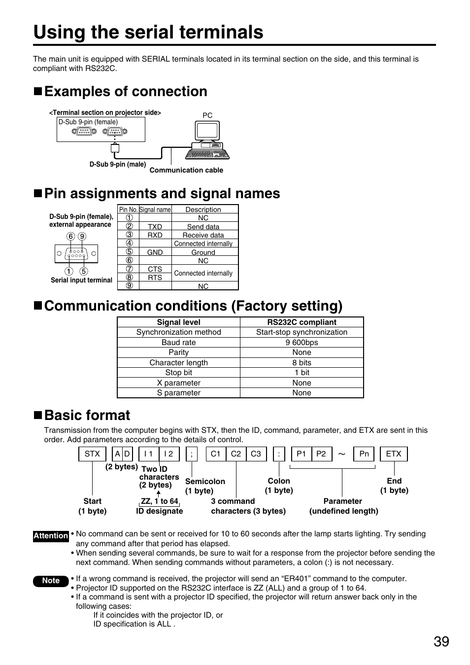 Using the serial terminals, Pin assignments and signal names, Examples of connection | Panasonic DLP PT-D3500U User Manual | Page 39 / 72