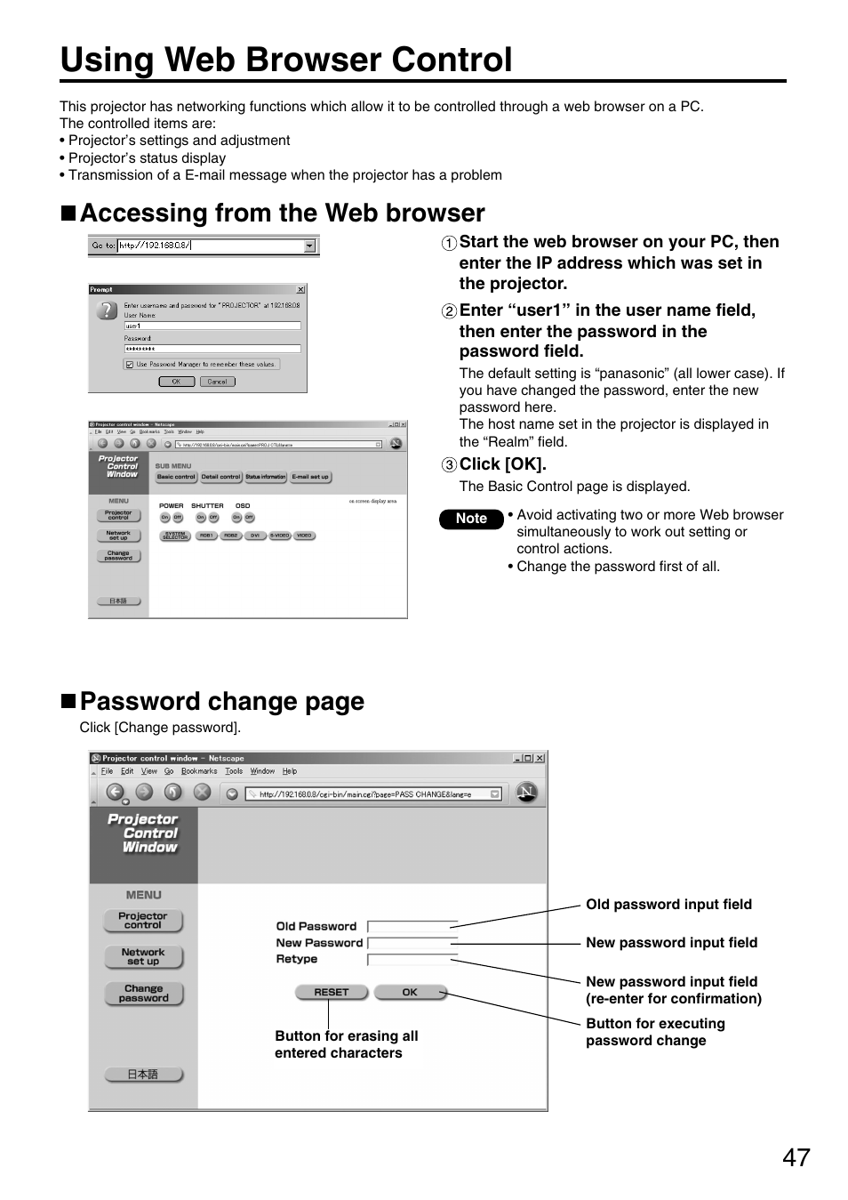 Using web browser control, 47 accessing from the web browser, Password change page | Panasonic DLP PT-D3500U User Manual | Page 47 / 72