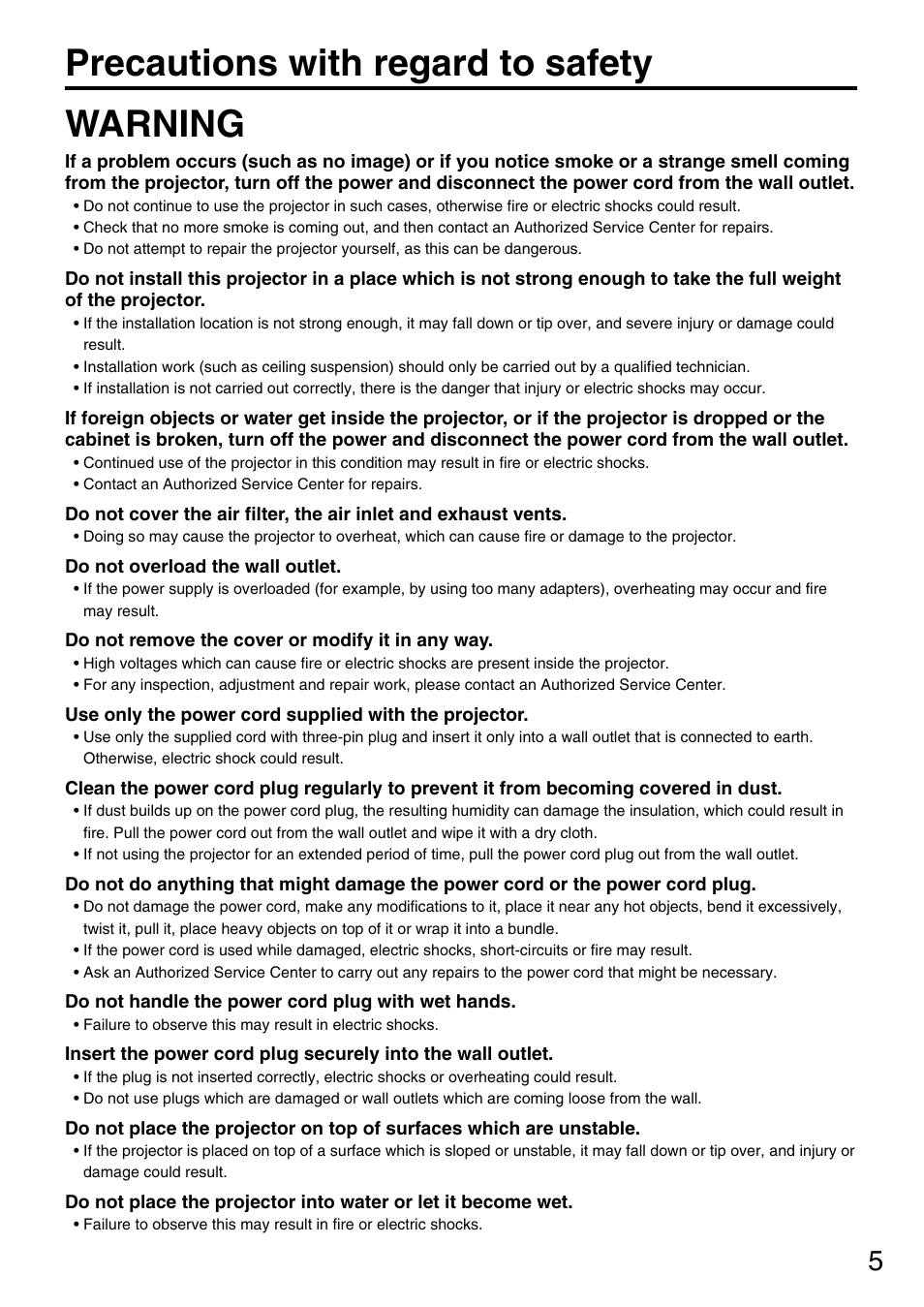 Precautions with regard to safety warning | Panasonic DLP PT-D3500U User Manual | Page 5 / 72