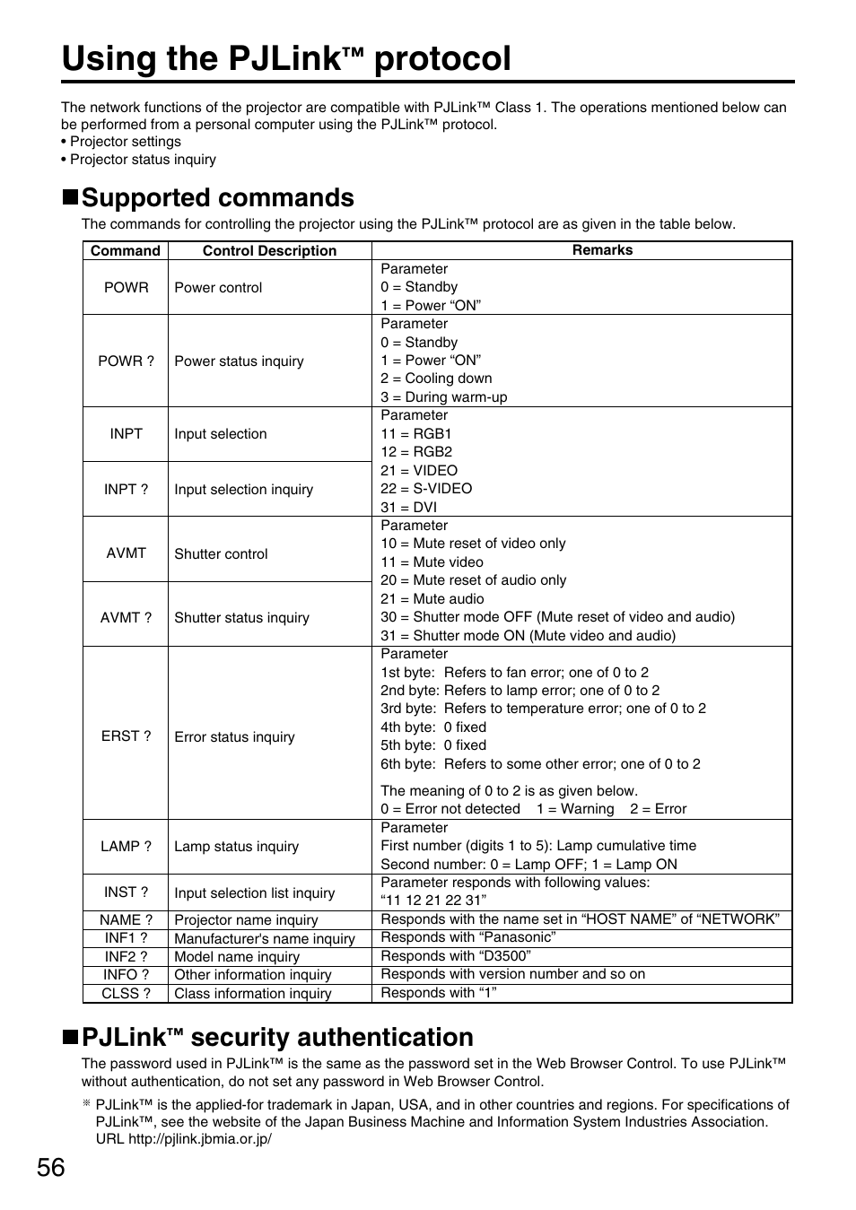 Using the pjlink, Protocol, Supported commands | Pjlink, Security authentication | Panasonic DLP PT-D3500U User Manual | Page 56 / 72