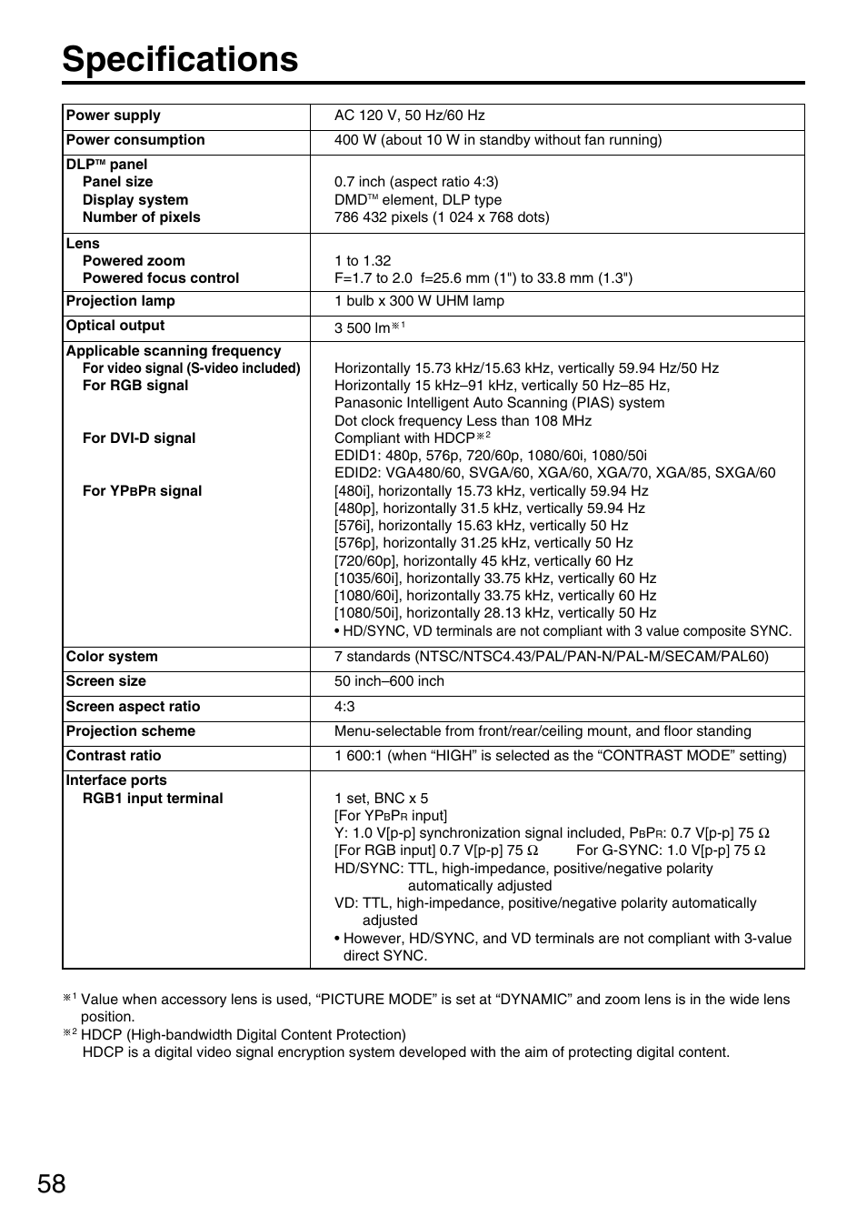 Specifications | Panasonic DLP PT-D3500U User Manual | Page 58 / 72