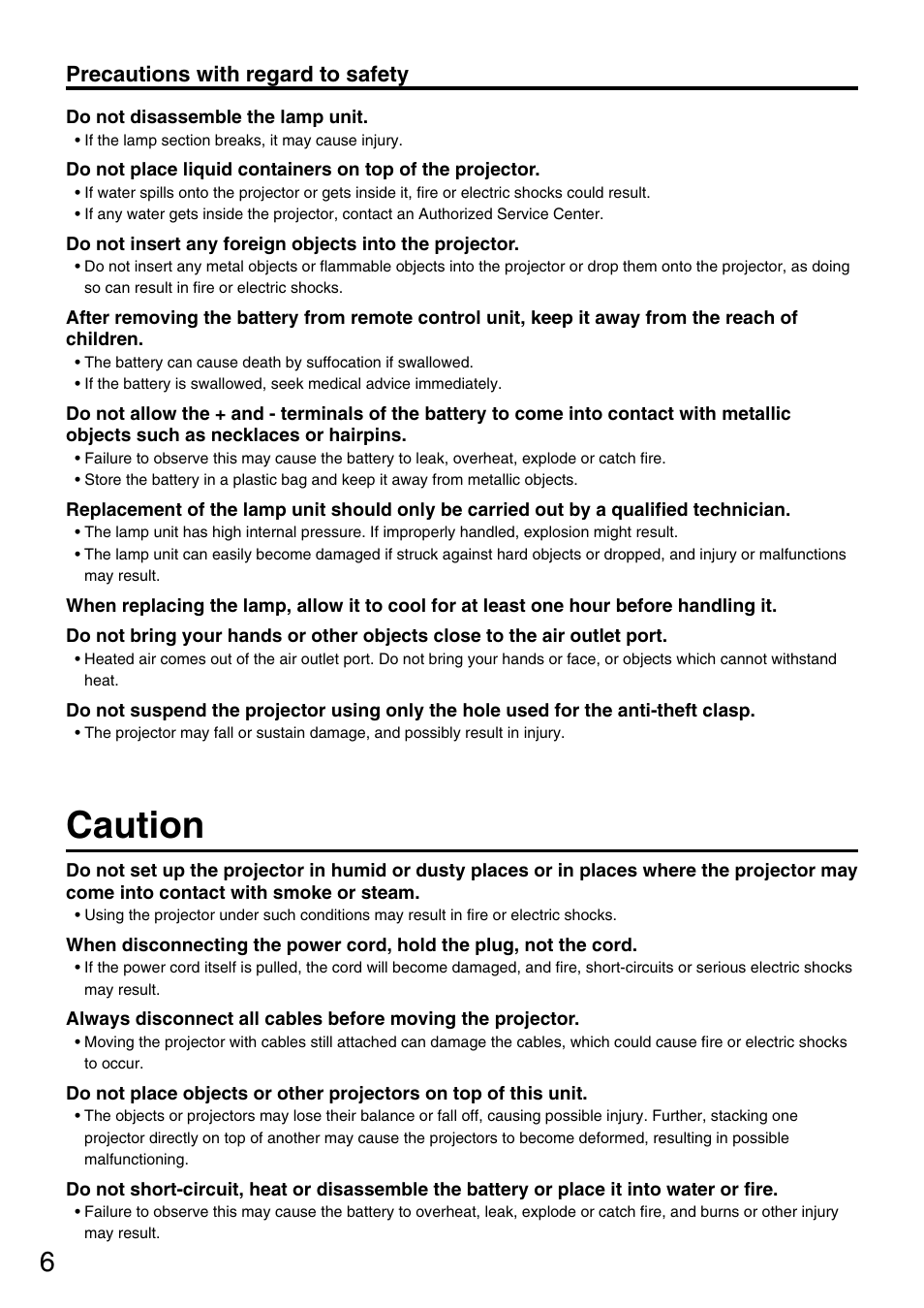 Caution, Precautions with regard to safety | Panasonic DLP PT-D3500U User Manual | Page 6 / 72