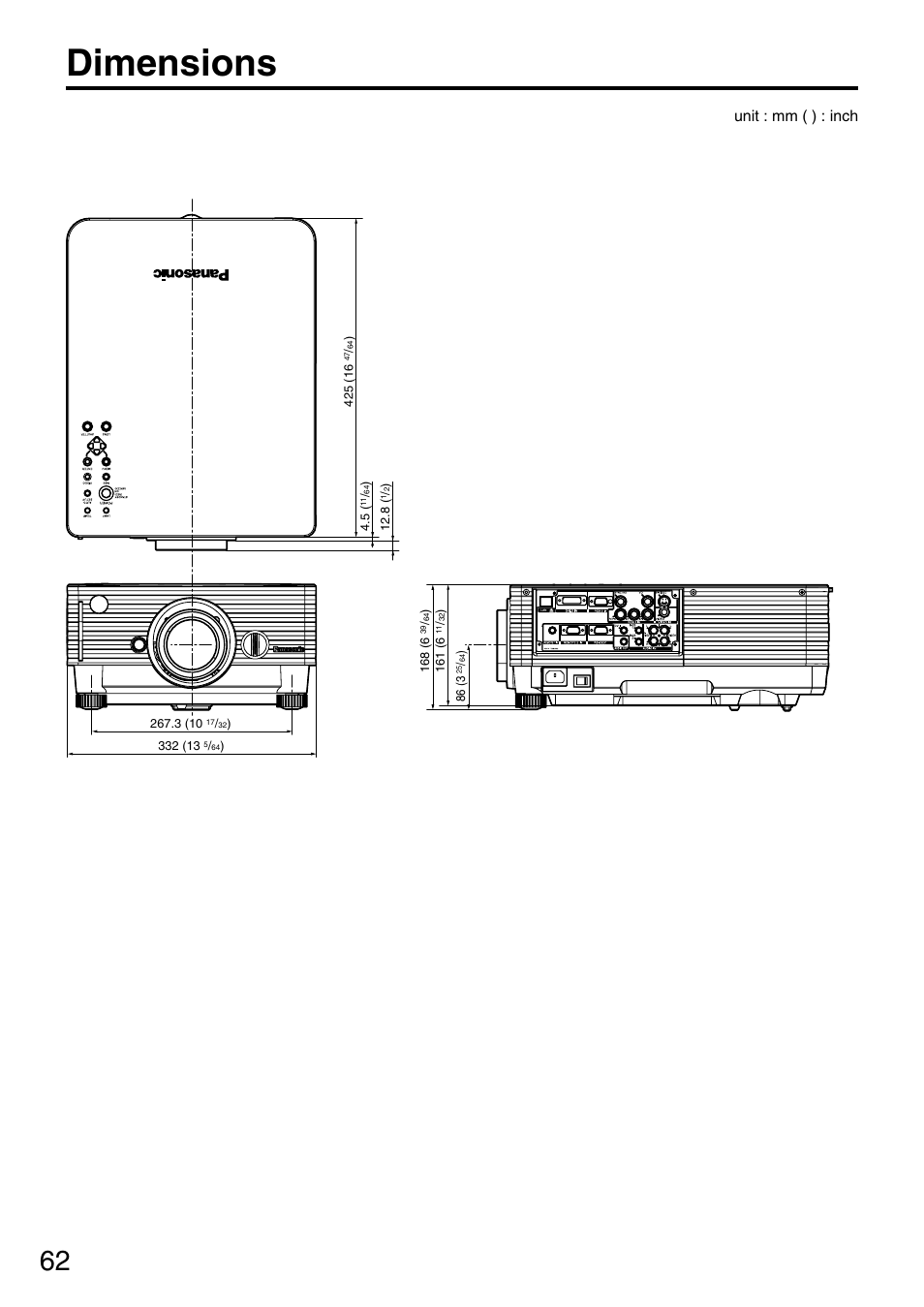 Dimensions, Unit : mm ( ) : inch | Panasonic DLP PT-D3500U User Manual | Page 62 / 72