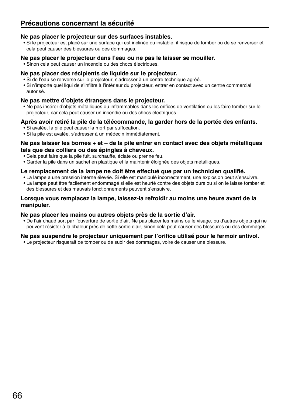 Précautions concernant la sécurité | Panasonic DLP PT-D3500U User Manual | Page 66 / 72