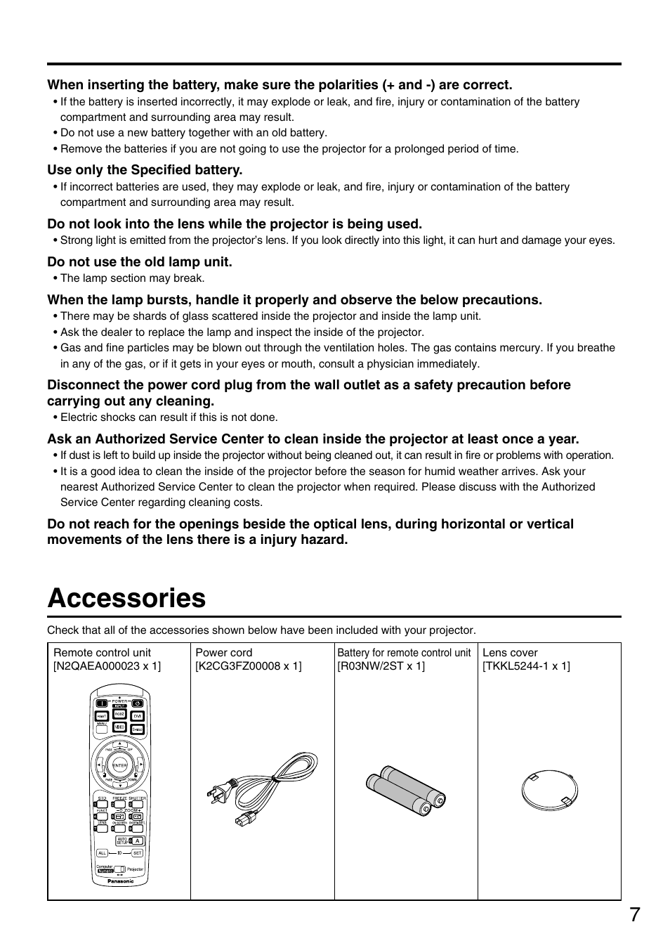 Accessories | Panasonic DLP PT-D3500U User Manual | Page 7 / 72