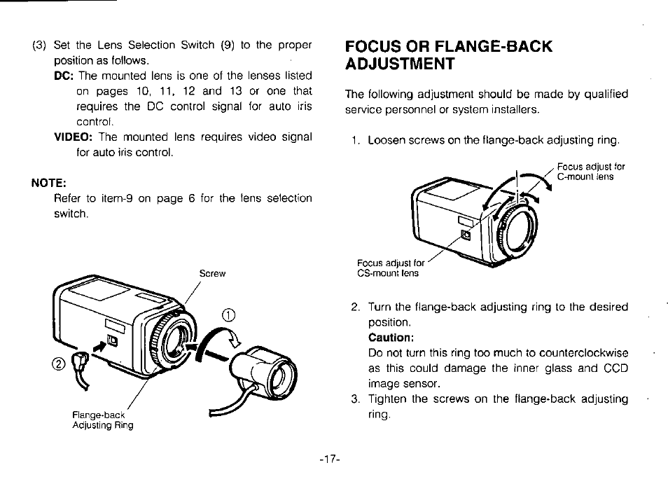 Focus or flange-back adjustment | Panasonic WV-BP310 User Manual | Page 19 / 24