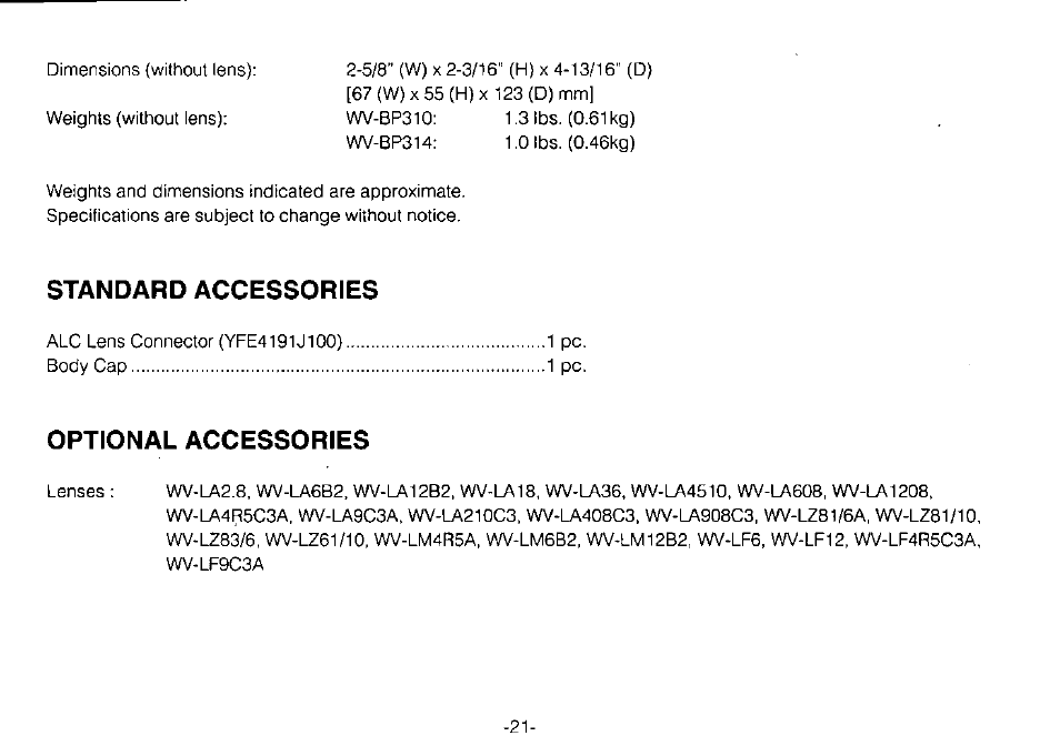 Standard accessories, Optional accessories, Standard accessories optional accessories | Panasonic WV-BP310 User Manual | Page 23 / 24