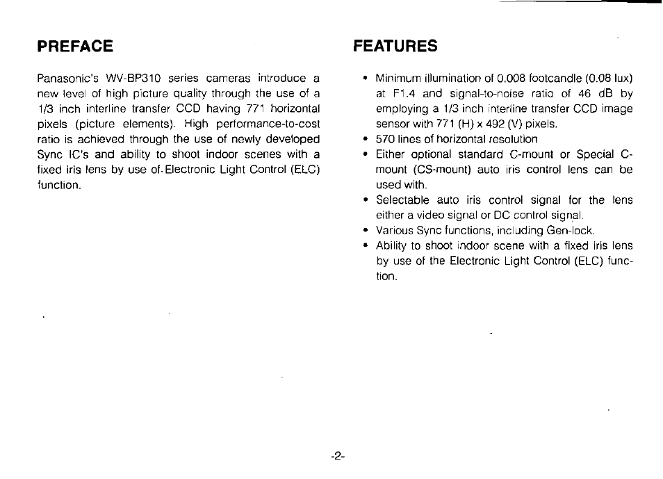 Preface features | Panasonic WV-BP310 User Manual | Page 4 / 24