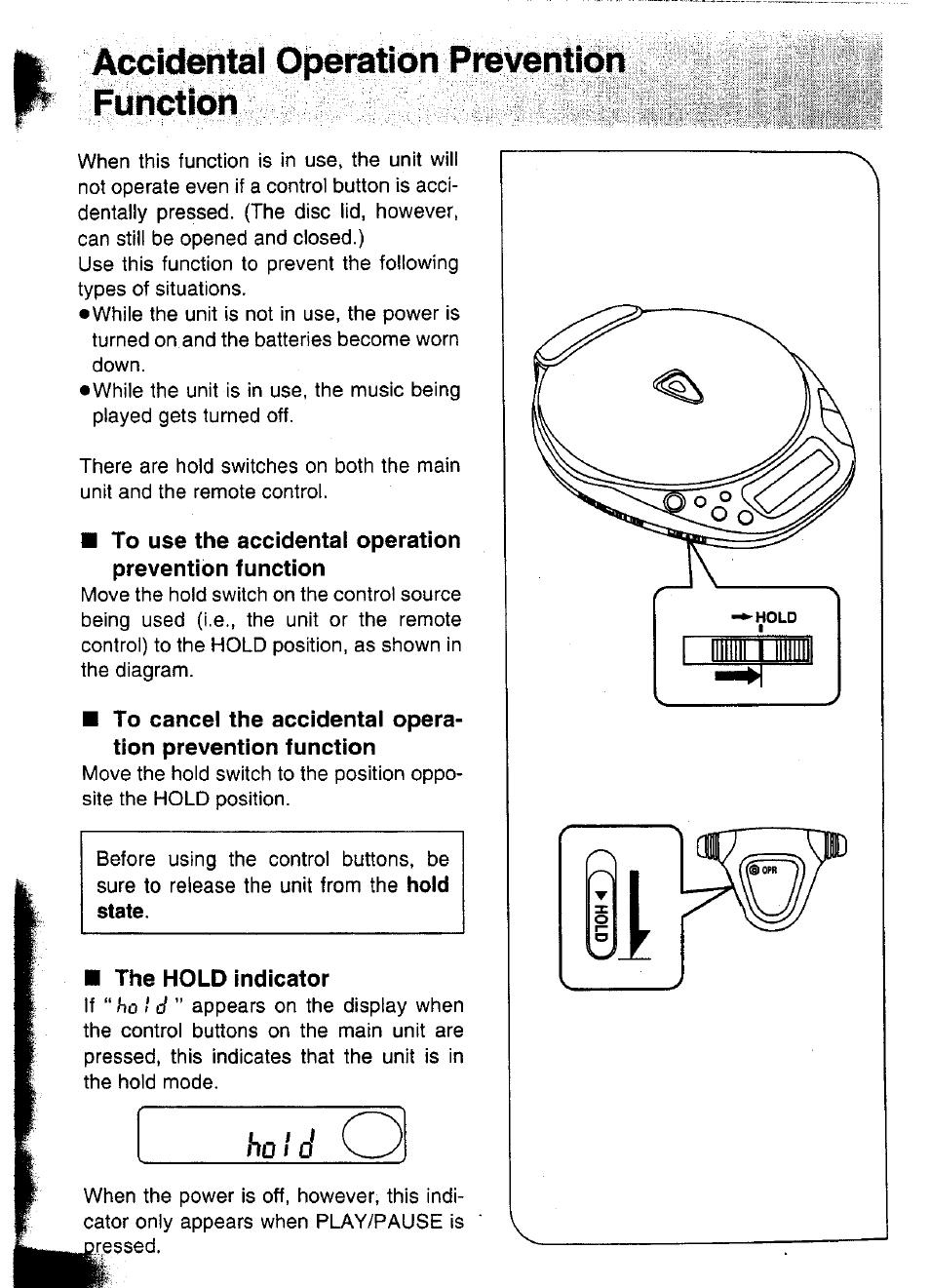 The hold indicator, Ililgj, Accidental operation preventipn | Ho i d | Panasonic SL-XP570 User Manual | Page 10 / 31