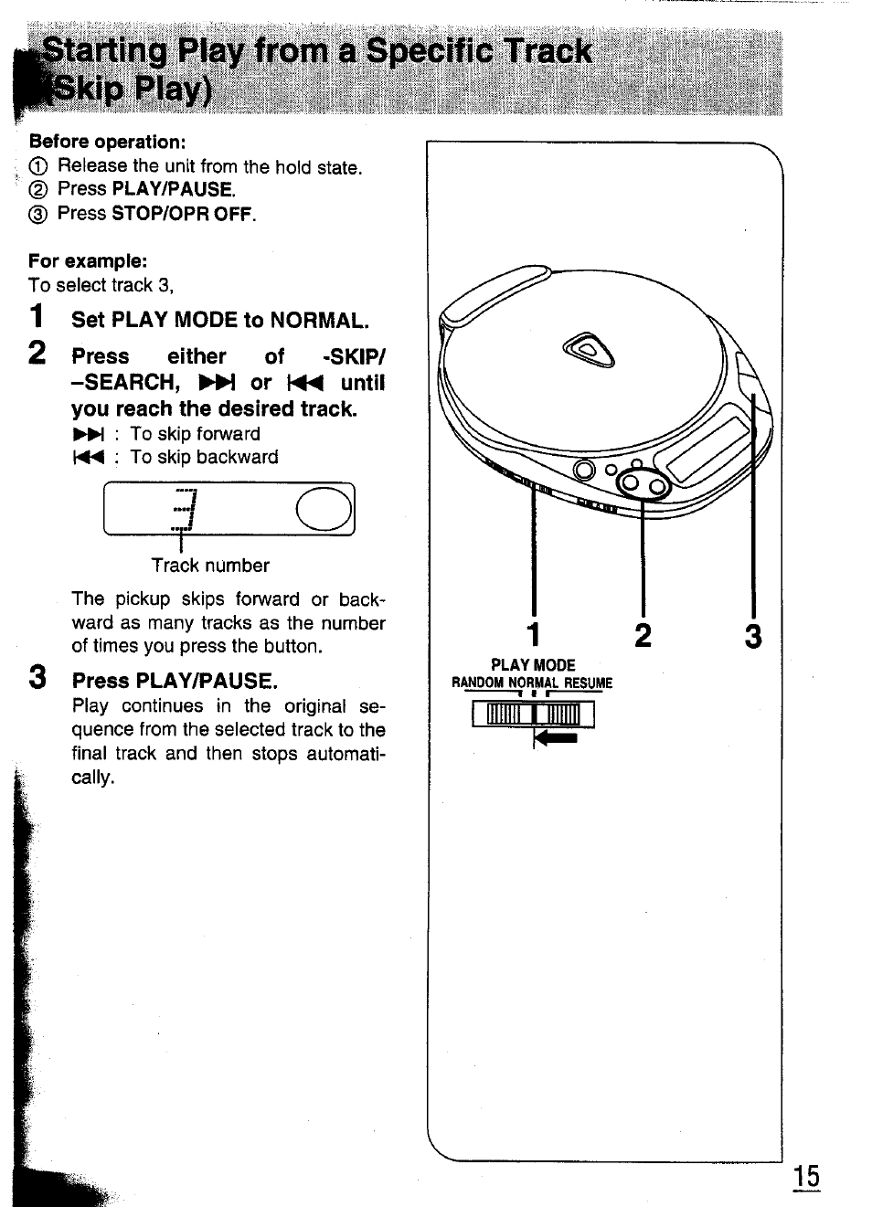 1 set play mode to normal, Press play/pause | Panasonic SL-XP570 User Manual | Page 15 / 31