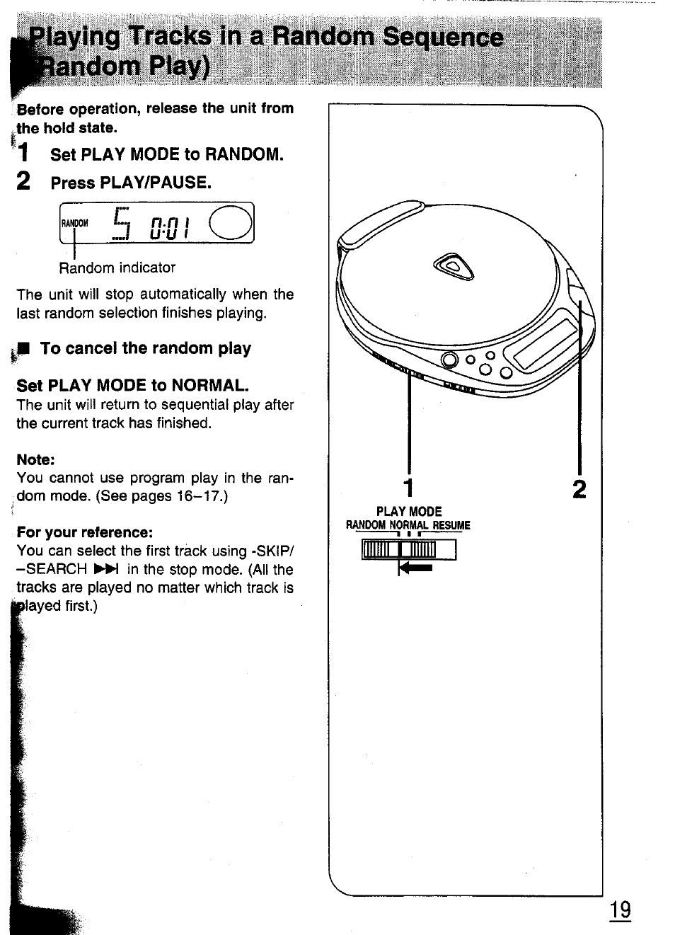 1 set play mode to random, 2 press play/pause, M to cancel the random play | Set play mode to normal, N.n i | Panasonic SL-XP570 User Manual | Page 19 / 31