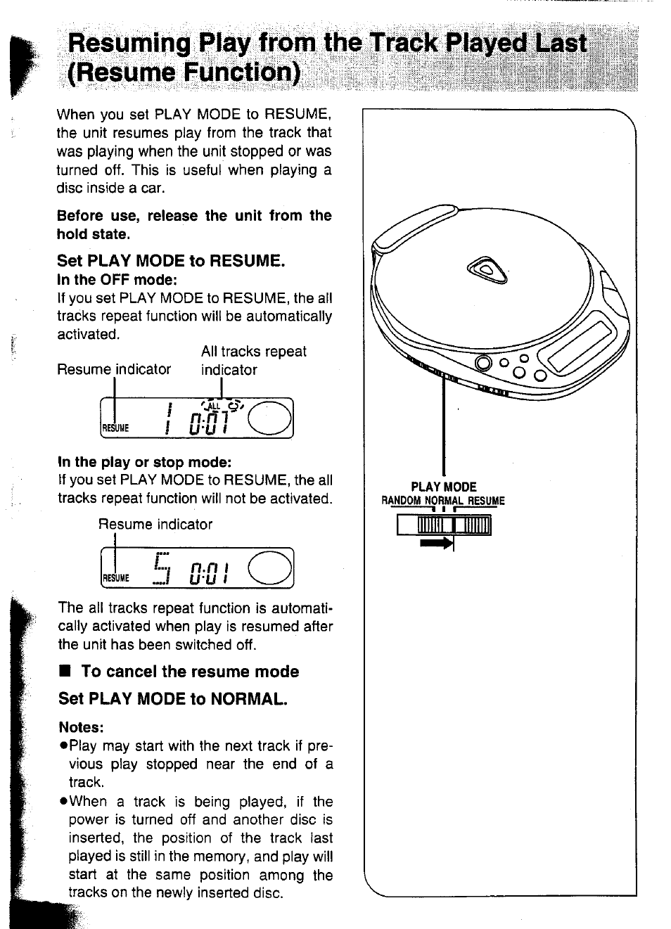 Set play mode to resume, To cancel the resume mode, Set play mode to normal | Tiistilli, Resuming play from the tfabk pla^i | Panasonic SL-XP570 User Manual | Page 20 / 31