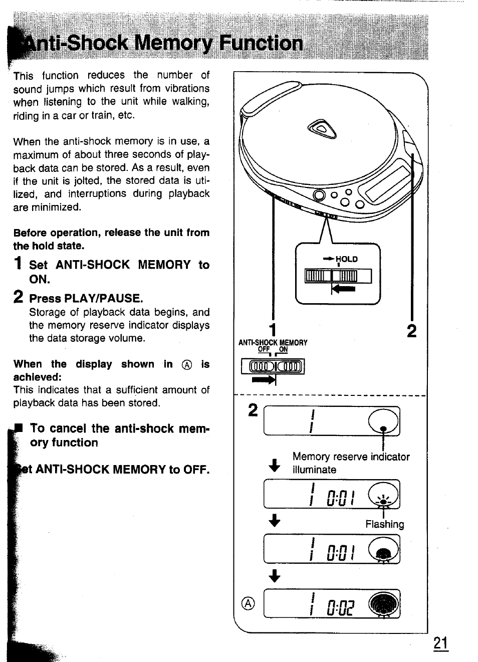 1 set anti-shock memory to on, 2 press play/pause, To cancel the anti-shock memory function | Rt anti-shock memory to off, I s:!s | Panasonic SL-XP570 User Manual | Page 21 / 31