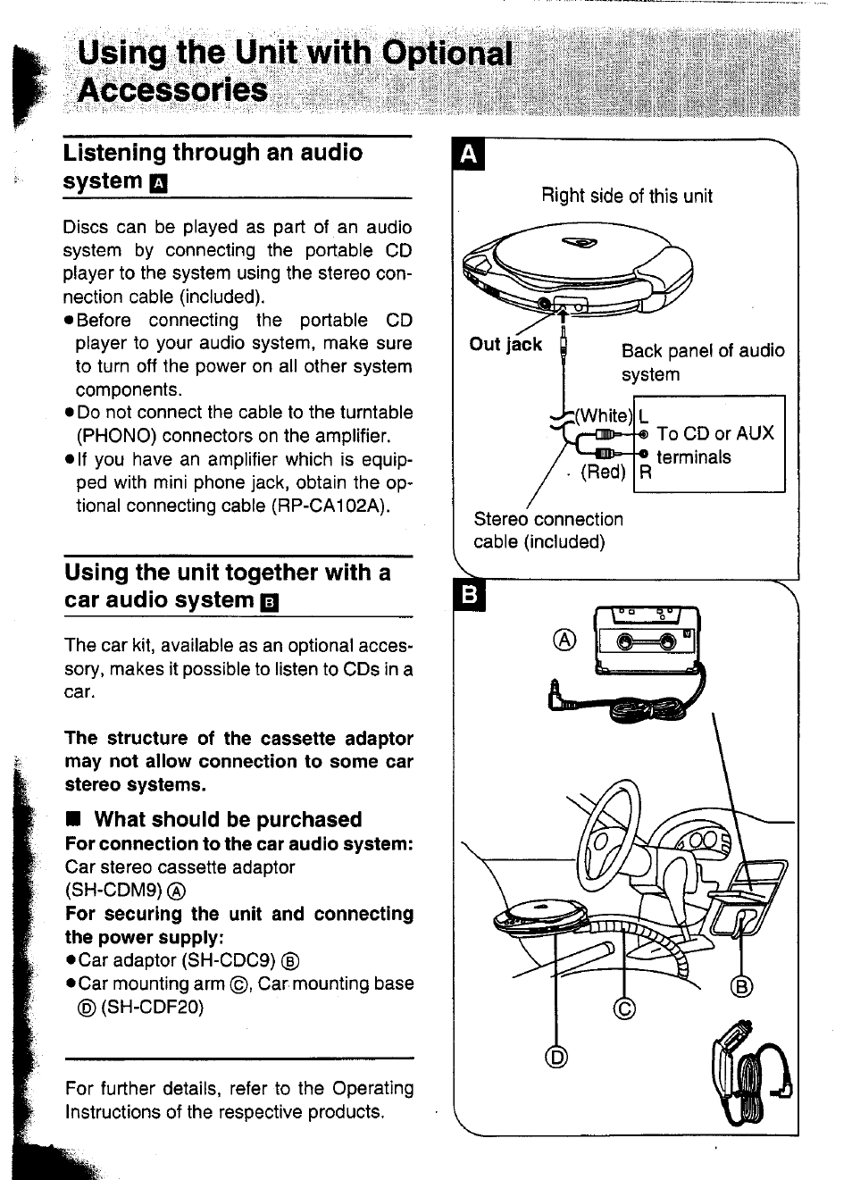 Listening through an audio system, Using the unit together with a car audio system, What should be purchased | Using the unit | Panasonic SL-XP570 User Manual | Page 24 / 31