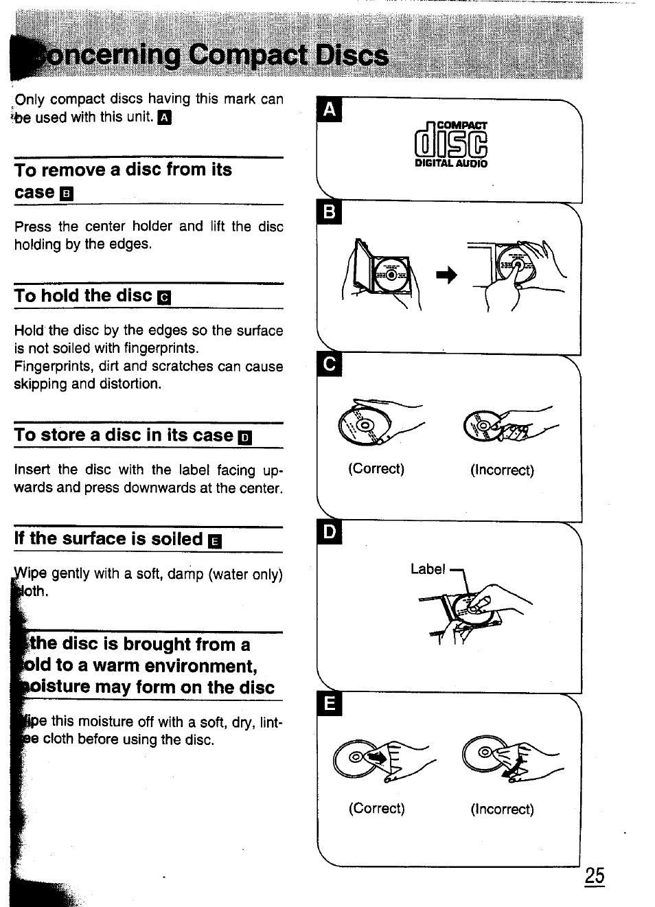 To remove a disc from its, Cases, To hold the disc q | To store a disc in its case h, If the surface is soiled g | Panasonic SL-XP570 User Manual | Page 25 / 31