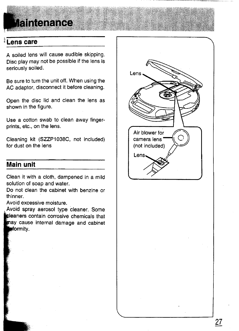 Lens care, Main unit | Panasonic SL-XP570 User Manual | Page 27 / 31