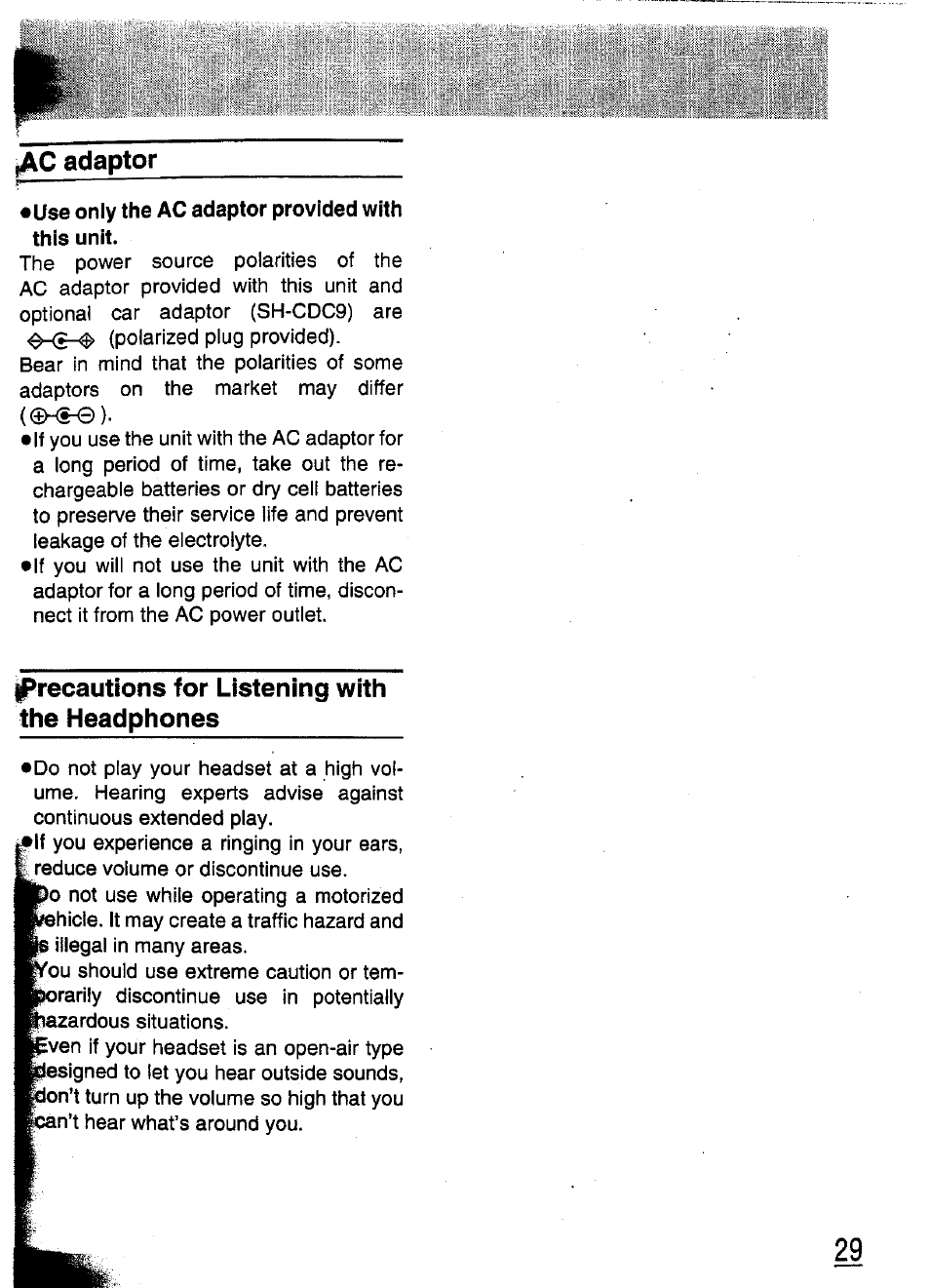 C adaptor, Use only the ac adaptor provided with this unit, Iprecautions for listening with the headphones | Panasonic SL-XP570 User Manual | Page 29 / 31