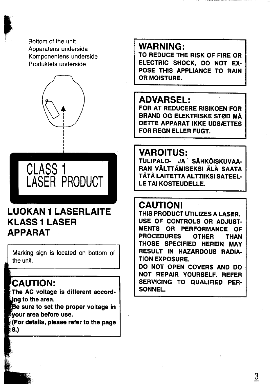 Luokan 1 laserlaite klass1 laser apparat, Saution, Warning | Advarsel, Varoitus, Caution, Class 1 laser product | Panasonic SL-XP570 User Manual | Page 3 / 31