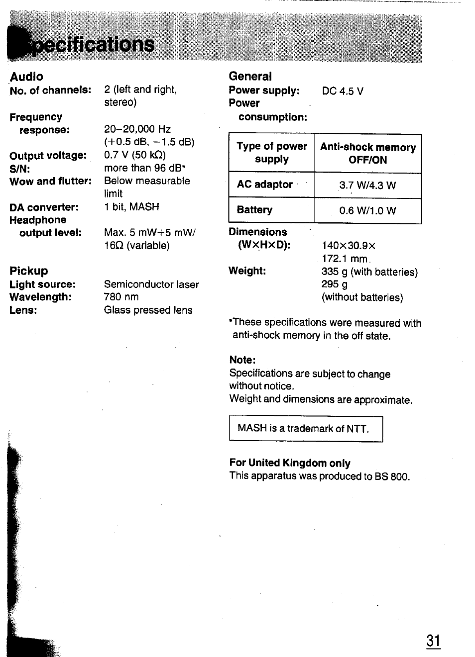 Audio | Panasonic SL-XP570 User Manual | Page 31 / 31