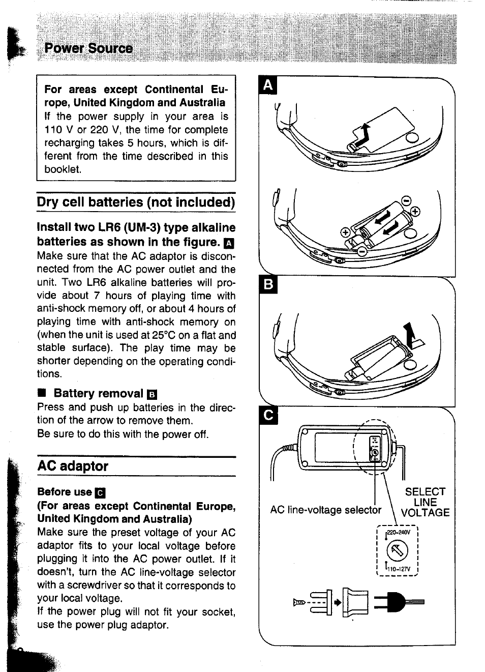 Dry cell batteries (not included), Battery removai q, Ac adaptor | Lr6 (um-3) | Panasonic SL-XP570 User Manual | Page 8 / 31