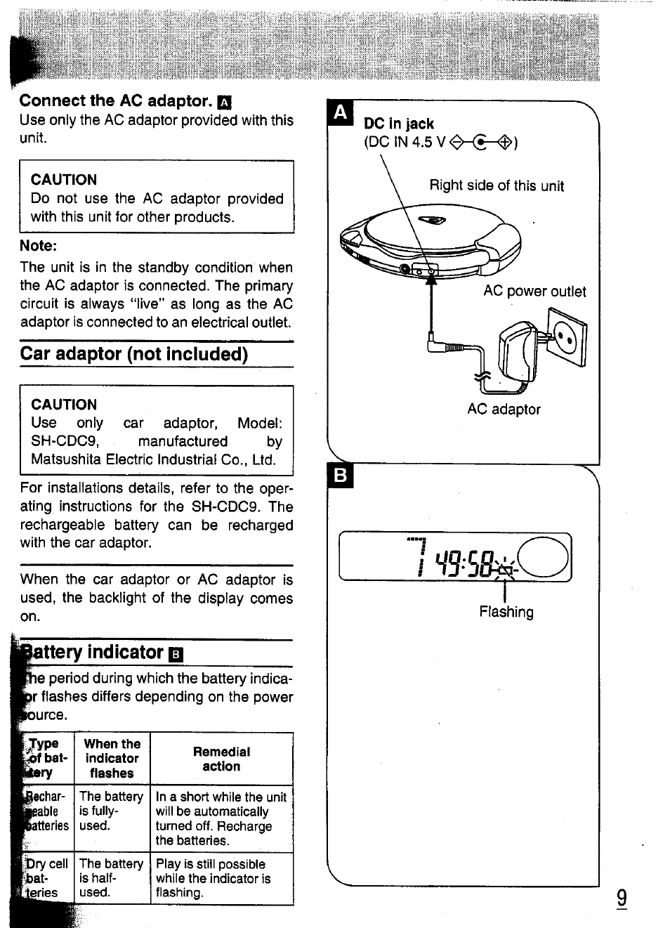 Connect the ac adaptor. qj, Car adaptor (not included), Ittery indicator | Panasonic SL-XP570 User Manual | Page 9 / 31