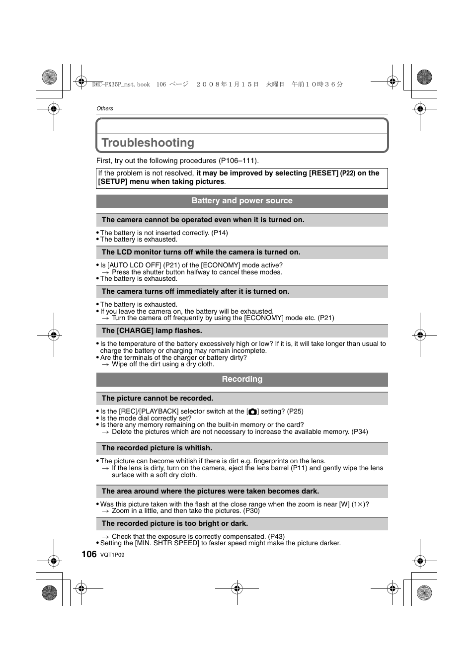Troubleshooting | Panasonic DMC-FX35 User Manual | Page 106 / 128