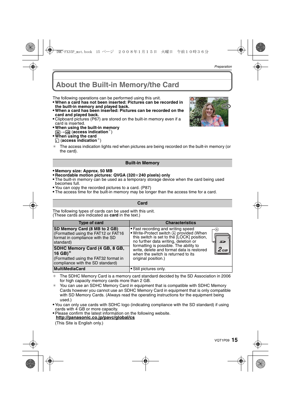About the built-in memory/the card | Panasonic DMC-FX35 User Manual | Page 15 / 128