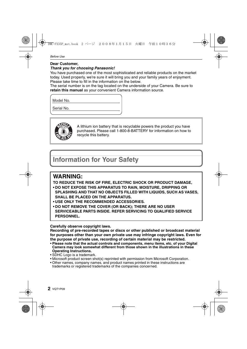 Before use, Information for your safety, Warning | Panasonic DMC-FX35 User Manual | Page 2 / 128