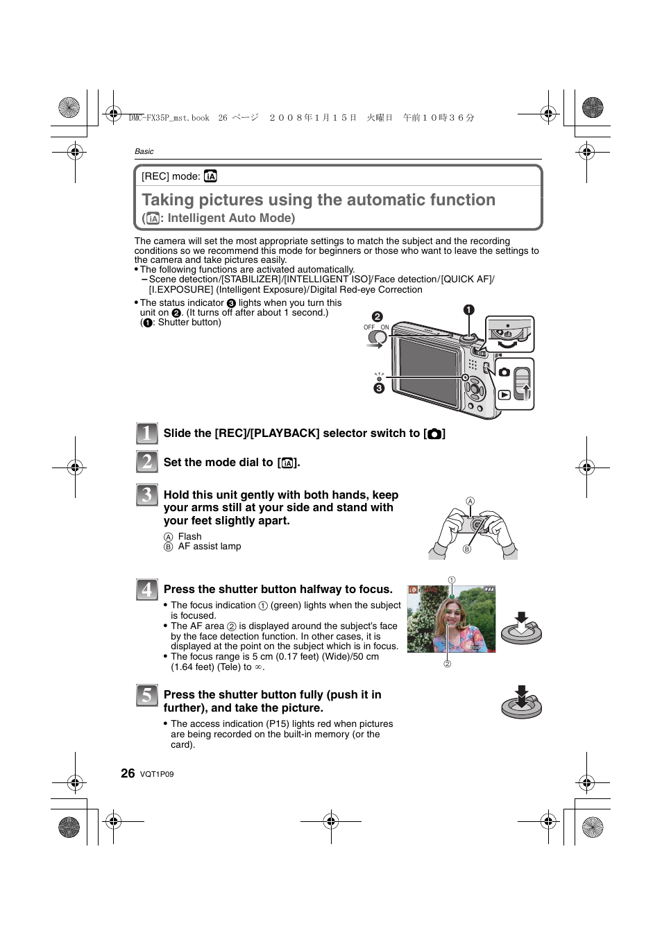Basic, Taking pictures using the automatic function | Panasonic DMC-FX35 User Manual | Page 26 / 128