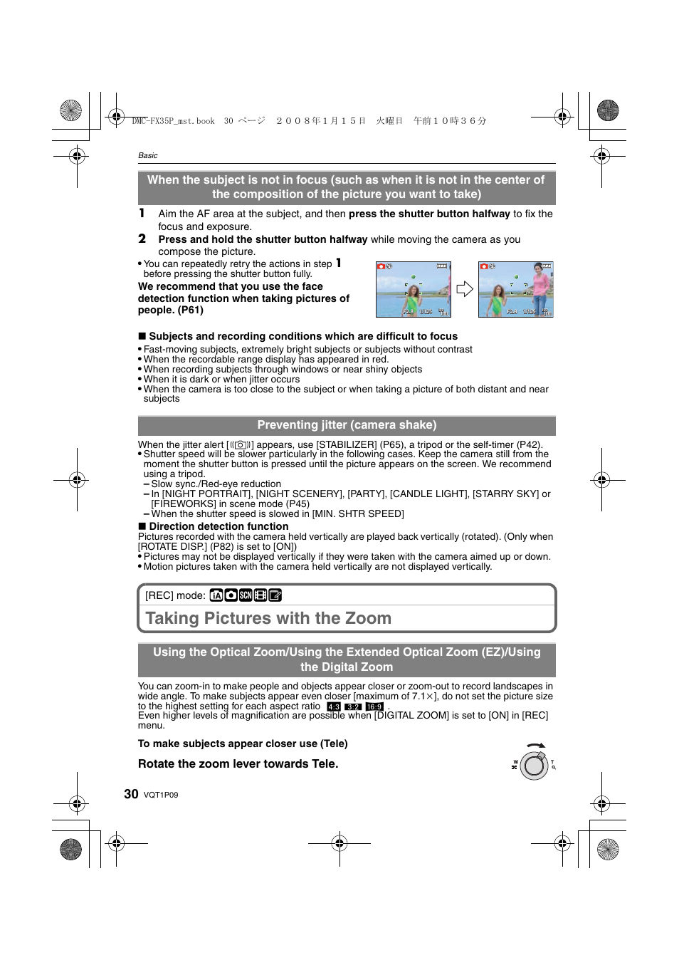 Taking pictures with the zoom, Ñ·¿n, Rotate the zoom lever towards tele | Panasonic DMC-FX35 User Manual | Page 30 / 128