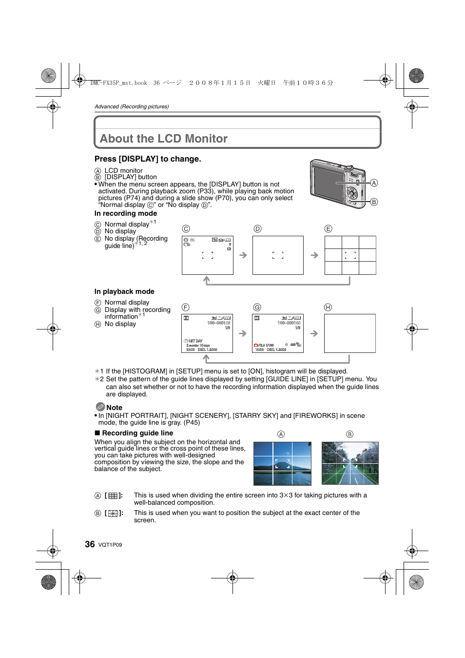 Advanced (recording pictures), About the lcd monitor, Press [display] to change | Cd e, Fg h, Recording guide line | Panasonic DMC-FX35 User Manual | Page 36 / 128