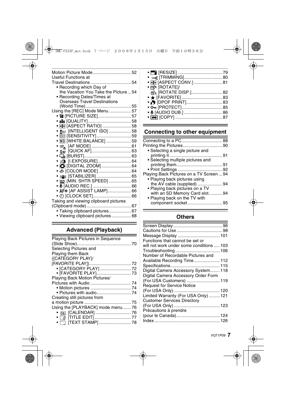 Advanced (playback), Connecting to other equipment, Others | Panasonic DMC-FX35 User Manual | Page 7 / 128