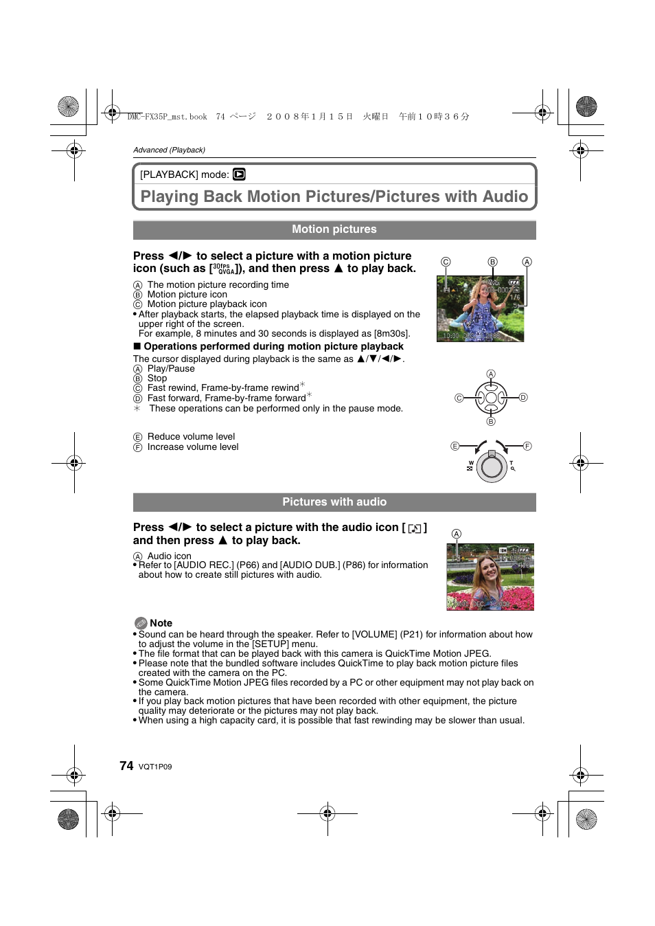 Playing back motion pictures/pictures with audio | Panasonic DMC-FX35 User Manual | Page 74 / 128
