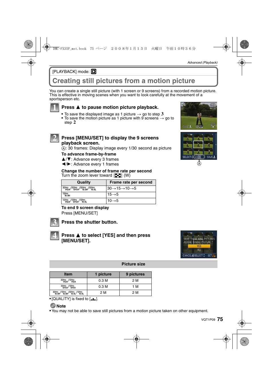 Creating still pictures from a motion picture | Panasonic DMC-FX35 User Manual | Page 75 / 128