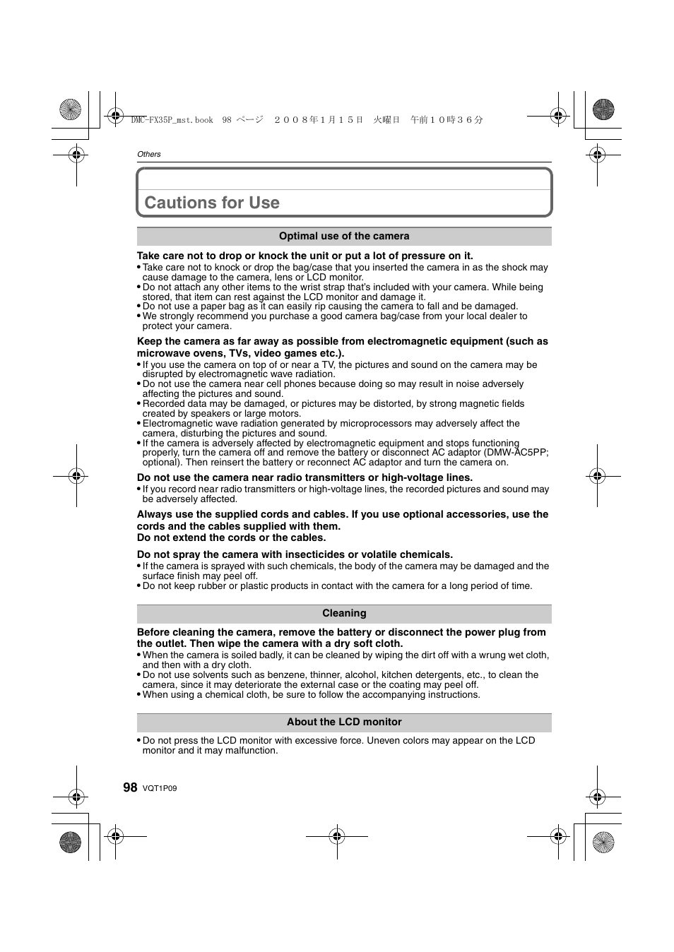 Cautions for use | Panasonic DMC-FX35 User Manual | Page 98 / 128