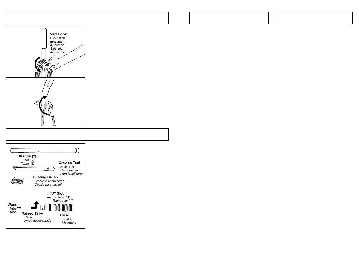 Remplacement des brosses, Cambiar los cepillos, Using cord hook tool storage | Panasonic MC-UG589 User Manual | Page 35 / 48