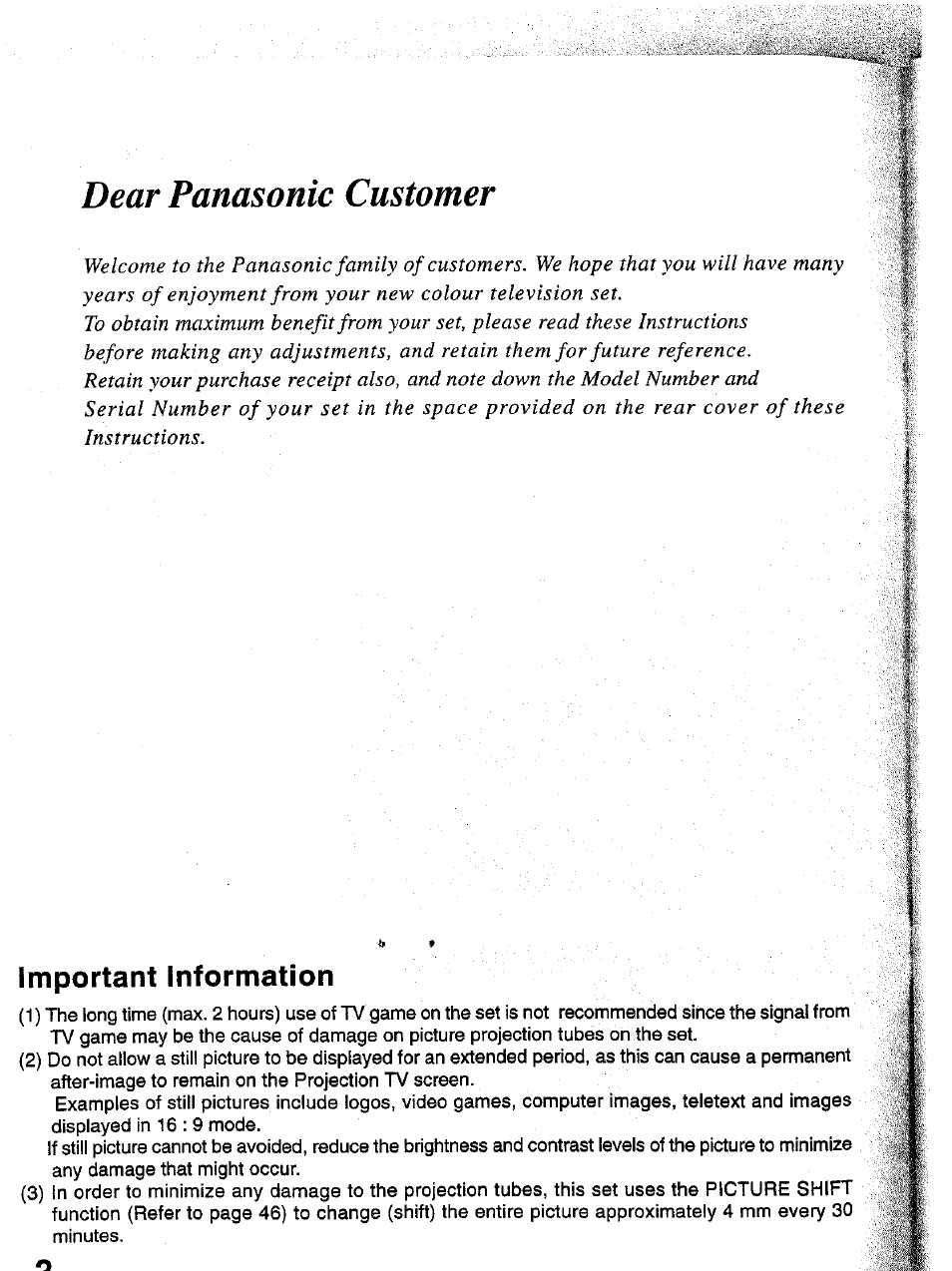 Important information, Dear panasonic customer | Panasonic TC-43P15 User Manual | Page 2 / 59