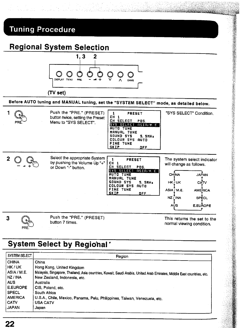 Regional system selection, Tv set), System select by regiotial | Tuning procedure | Panasonic TC-43P15 User Manual | Page 22 / 59