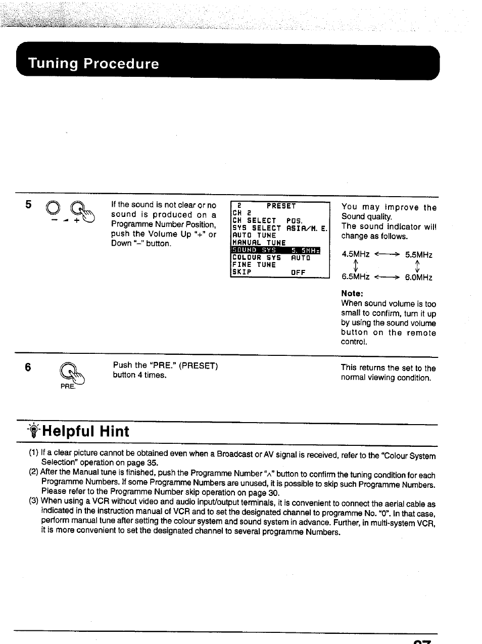 F helpful hint, Tuning procedure, Helpful hint | I . i | Panasonic TC-43P15 User Manual | Page 27 / 59