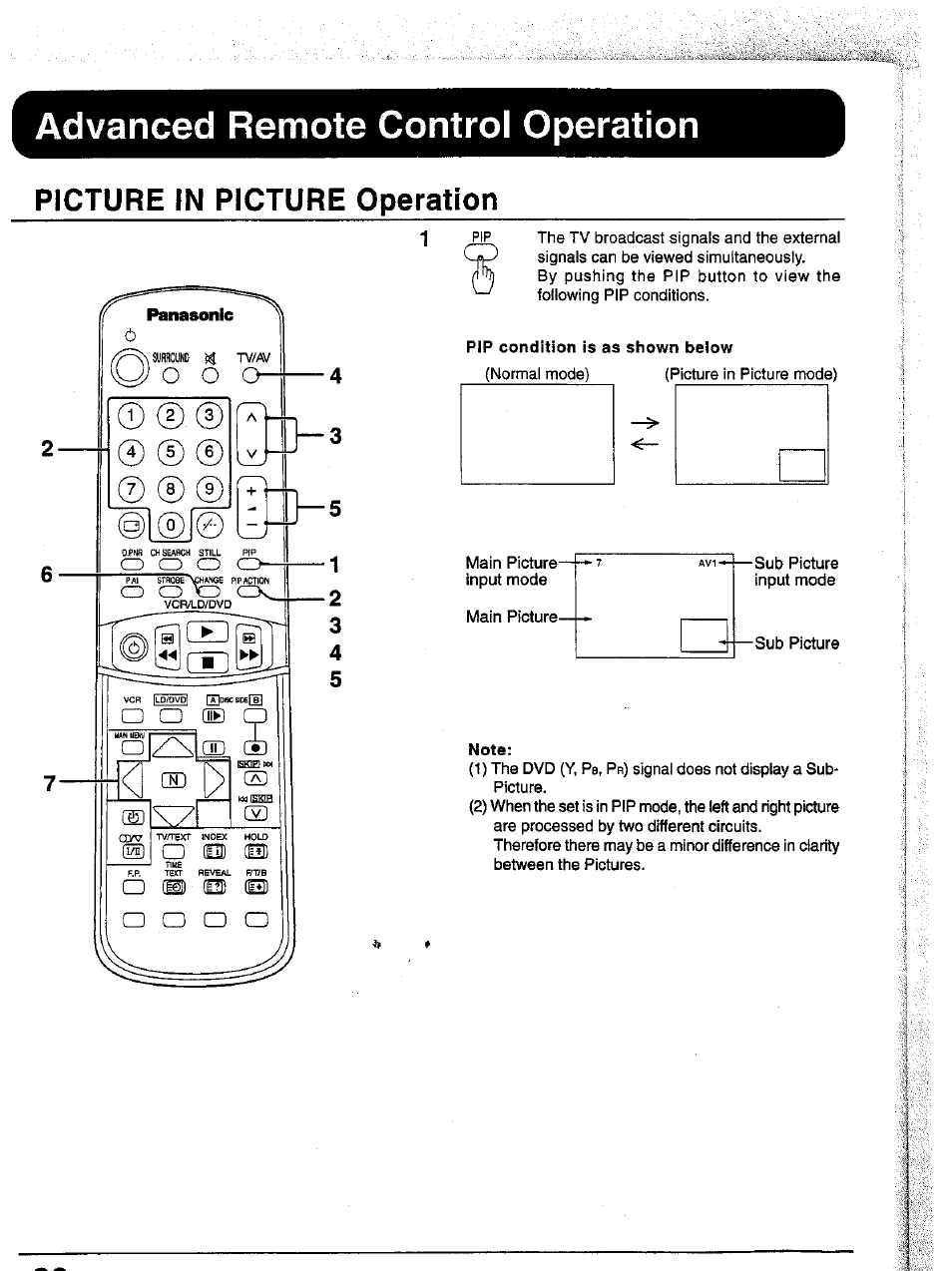 Picture in picture operation, Advanced remote control operation | Panasonic TC-43P15 User Manual | Page 36 / 59