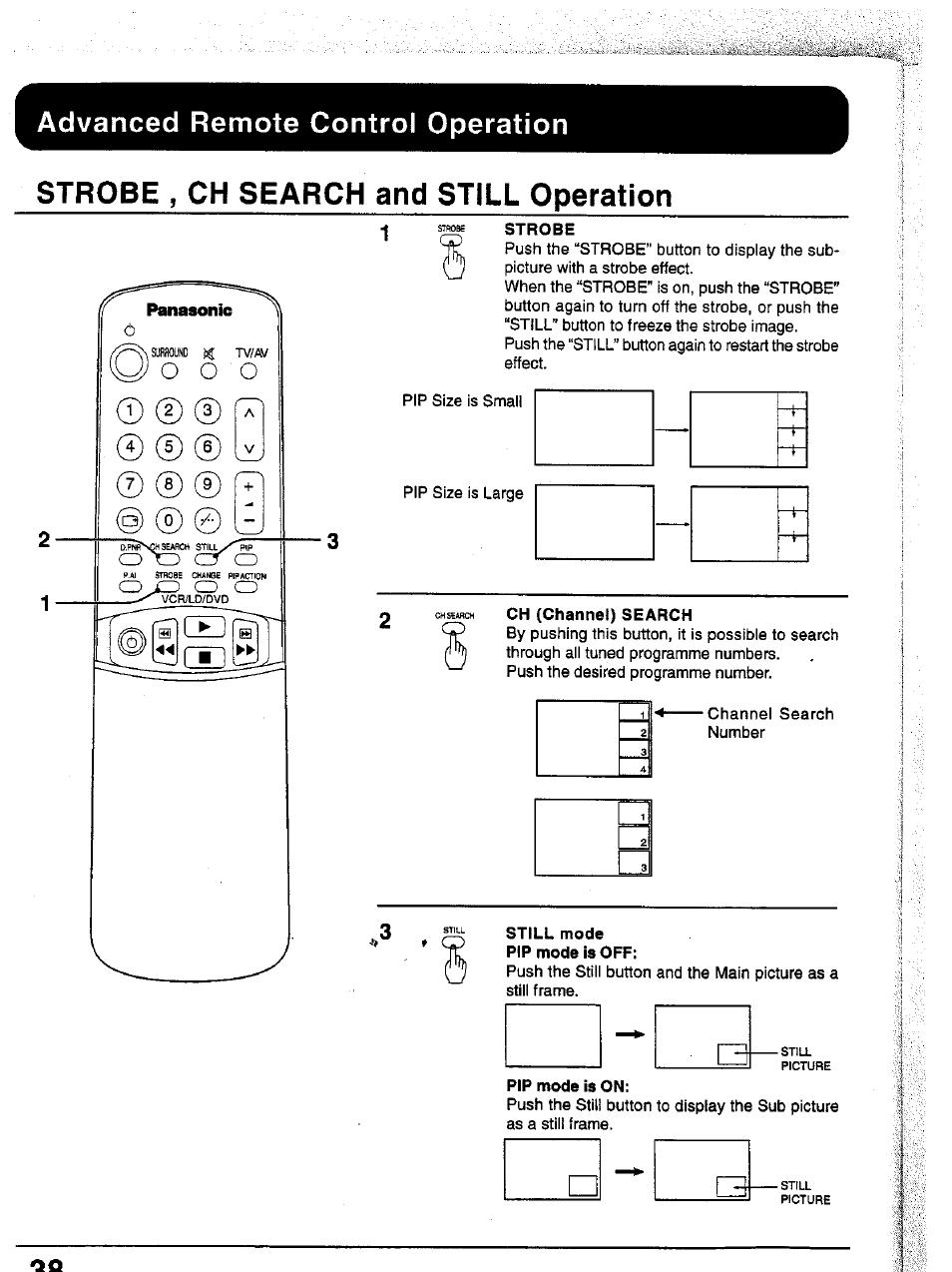 Strobe , ch search and still operation, Strobe, ch search and still operation, Advanced remote control operation | Panasonic TC-43P15 User Manual | Page 38 / 59