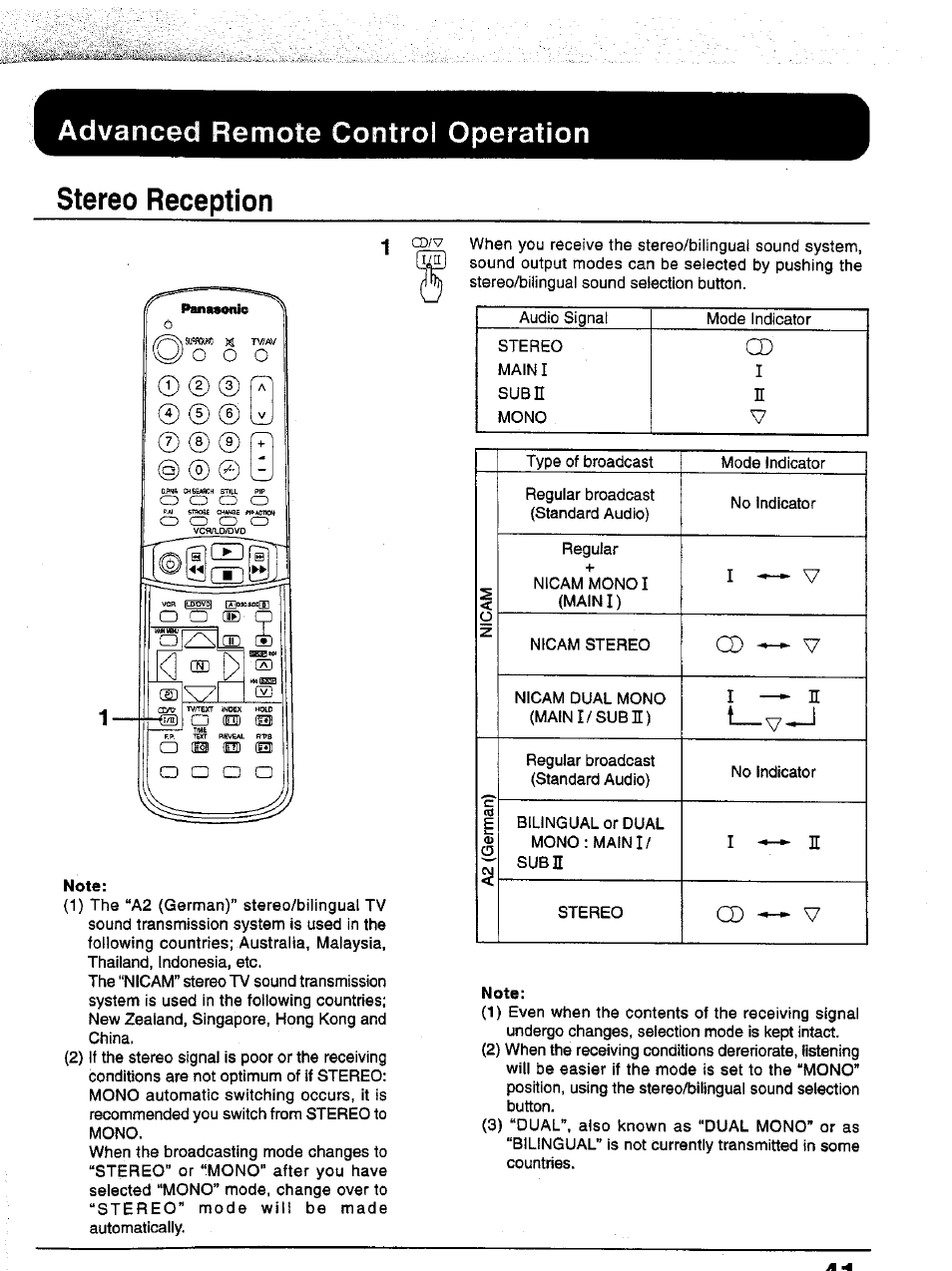 Stereo reception, Advanced remote control operation, Oo o | Co v | Panasonic TC-43P15 User Manual | Page 41 / 59