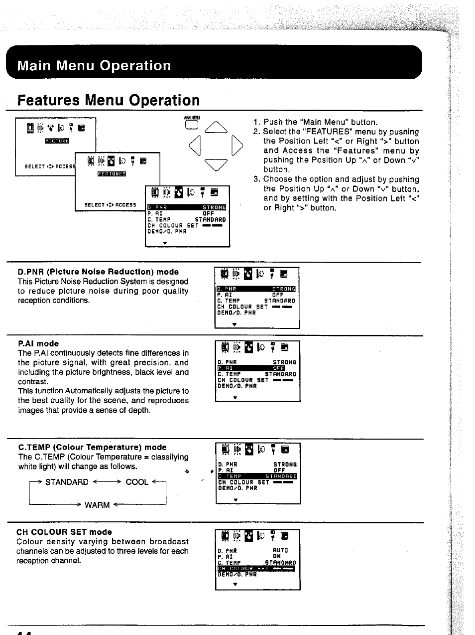 Features menu operation, Main menu operation, I » is to 7 | Iwtt, G № q |0 f b, I) № q to y b, I ^ i | Panasonic TC-43P15 User Manual | Page 44 / 59