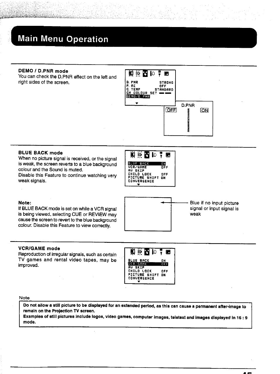 Demo / d.pnr mode, Blue back mode, Note | Vcr/game mode, Main menu operation, Fflteti | Panasonic TC-43P15 User Manual | Page 45 / 59