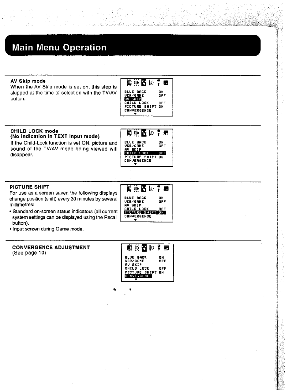 Av skip mode, Child lock mode, Picture shift | Convergence adjustment, Main menu operation, S r q lo f m | Panasonic TC-43P15 User Manual | Page 46 / 59