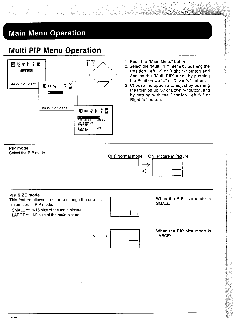 Multi pip menu operation, Pip mode, Pip size mode | Sound menu operation, Main menu operation | Panasonic TC-43P15 User Manual | Page 48 / 59